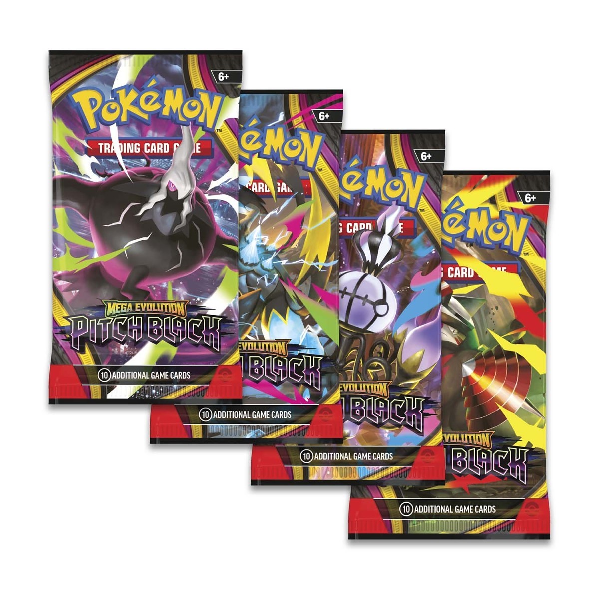Pokémon TCG Mega Evolution Pitch Black booster packs — all four pack arts