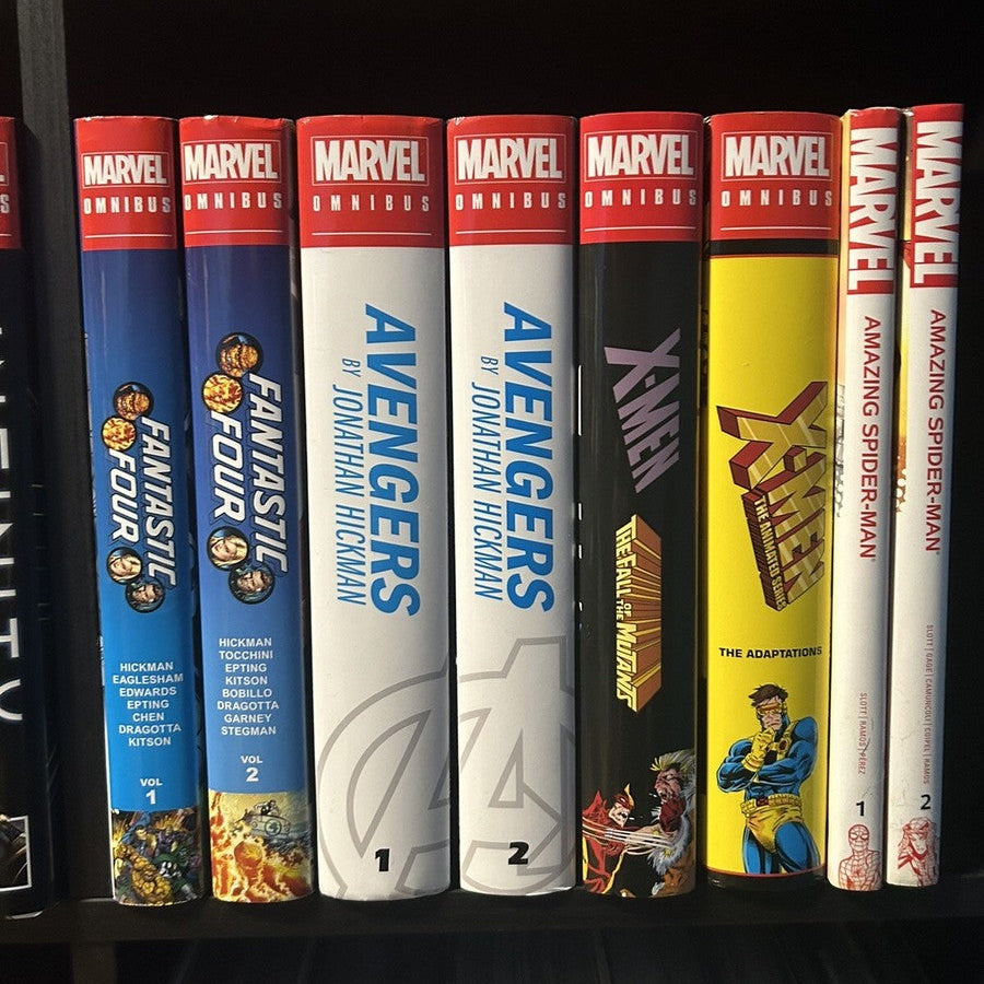 Collection of Marvel comic books on a shelf